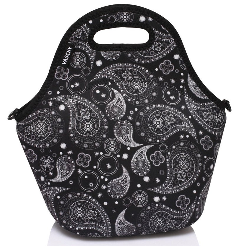 VASCHY Neoprene Insulated Lunch Tote Bag for Women Girls with Detachable Adjustable Shoulder Strap for Work in Paisley Clover Pattern - Image 1